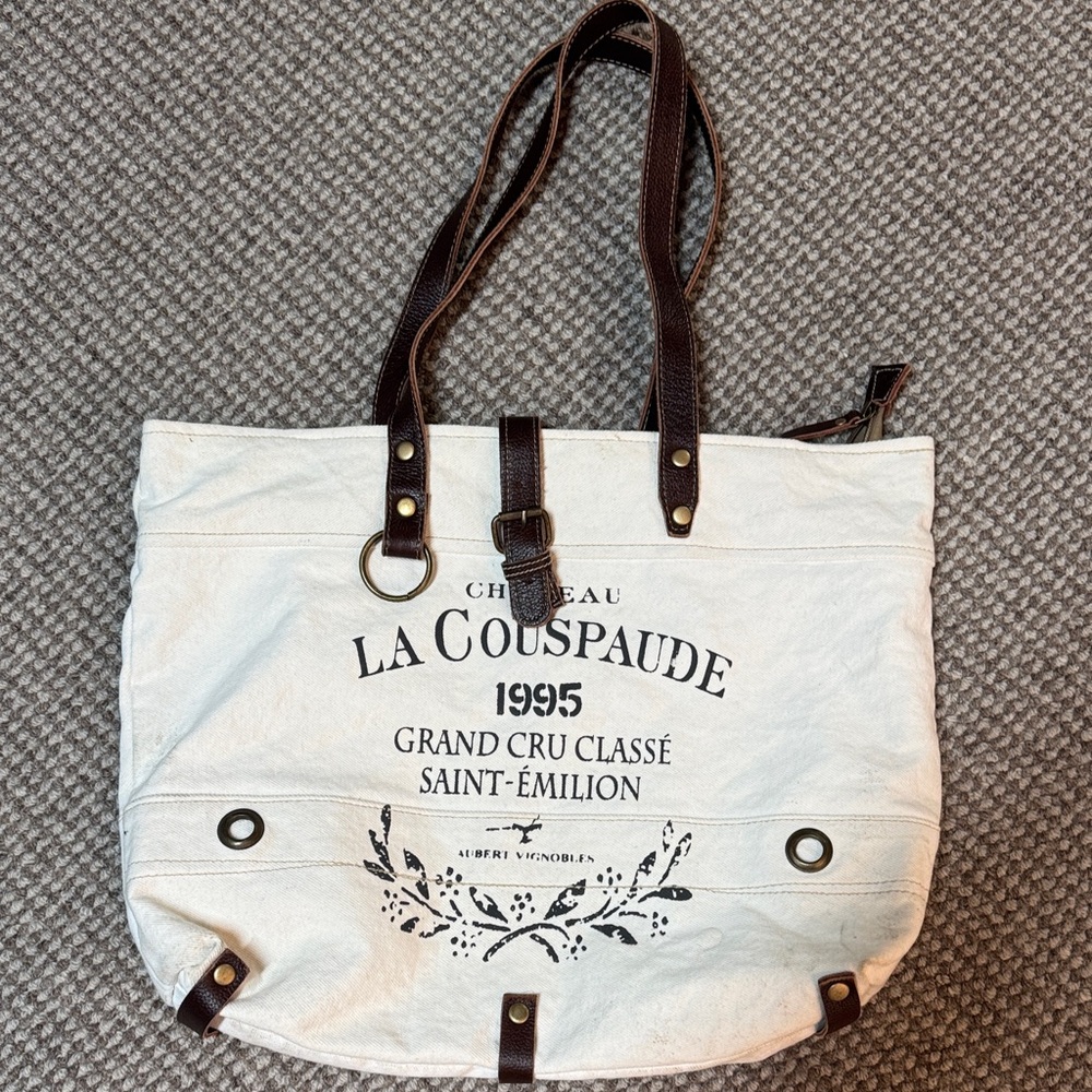 Myra Bag White Canvas Tote with Dark Brown Leather Straps